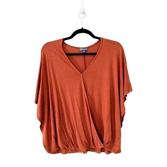 DEMOCRACY Linen Blend Short Sleeve Faux Wrap Terracotta Top Small - Picture 2 of 3